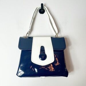Vintage 60s Glossy Patent Leather Blue White Shoulder Bag